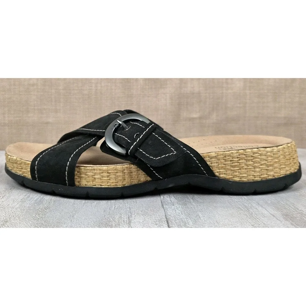 Clarks Reileigh May Black Nubuck Leather‎ Adjustable Slides Sandals Women's 9M